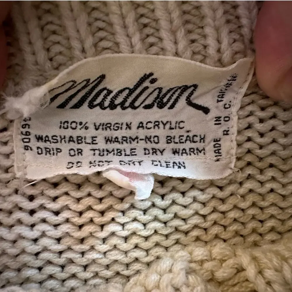 Vtg Madison Cable Stitch Fishermans Sweater Cream Acrylic Stockholm Style Chunky
